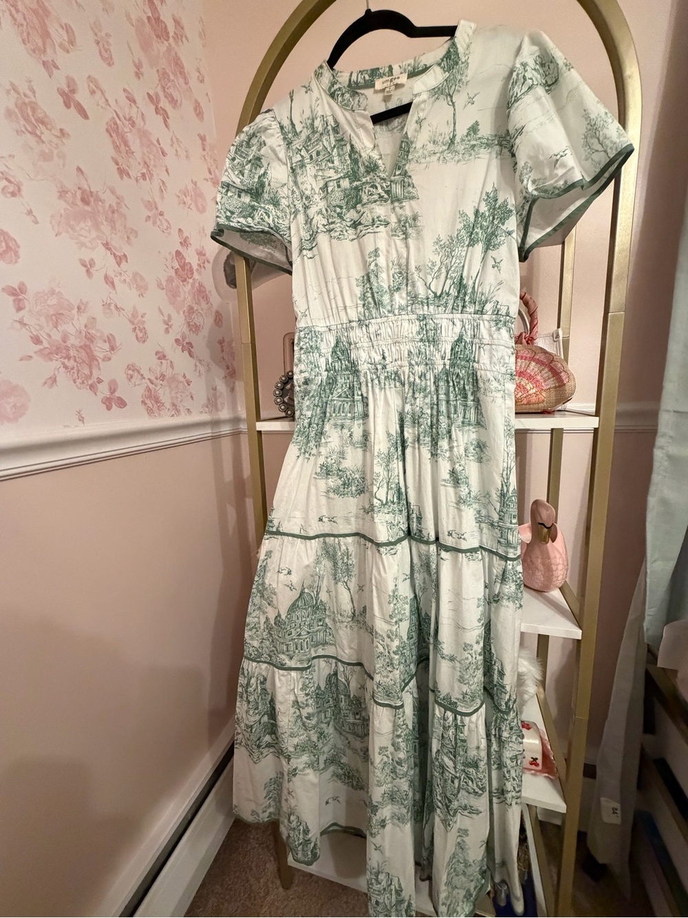Umgee White Maxi Dress with Green Toile Print